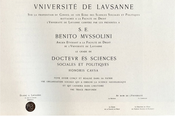 Unil: nouvelles du doctorat de Mussolini